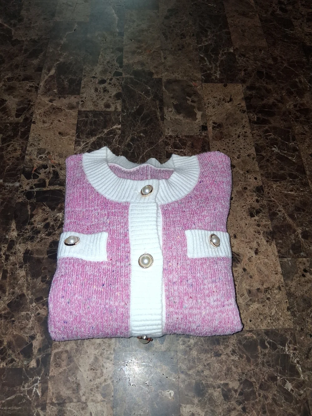 Pink Knit Cardigan with White Trim - Picture 4 of 4